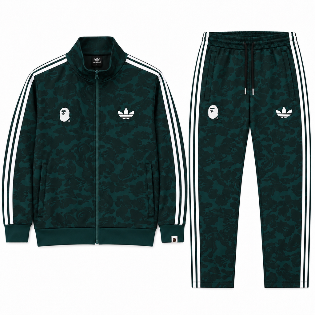 BAPE Avrupa Kalıp Kamuflaj Desenli Yeşil Double Face Eşofman Takımı