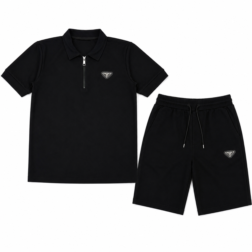 Regular Fit Fermuarlı Polo Yaka Siyah Şort Takımı
