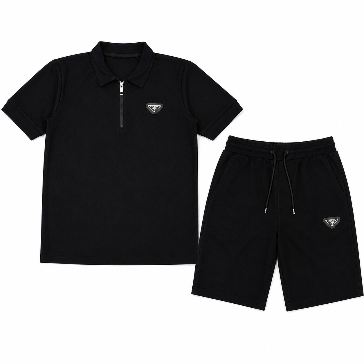 Regular Fit Fermuarlı Polo Yaka Siyah Şort Takımı