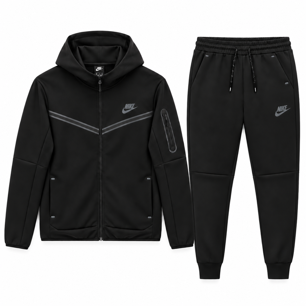 Tech Fleece Avrupa Kalıp Kapüşonlu Siyah Double Face Eşofman Takımı