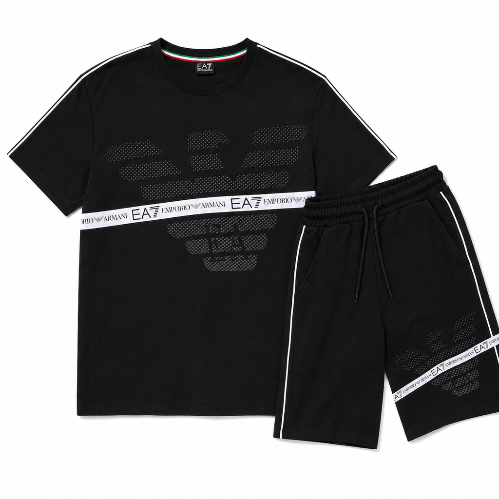 EA7 Regular Fit Logo Baskılı Siyah Şort Takımı