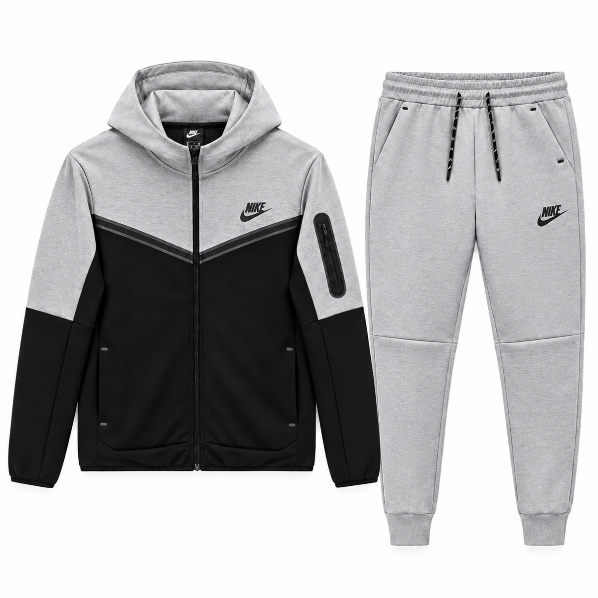 Tech Fleece Avrupa Kalıp Kapüşonlu Gri-Siyah Double Face Eşofman Takımı