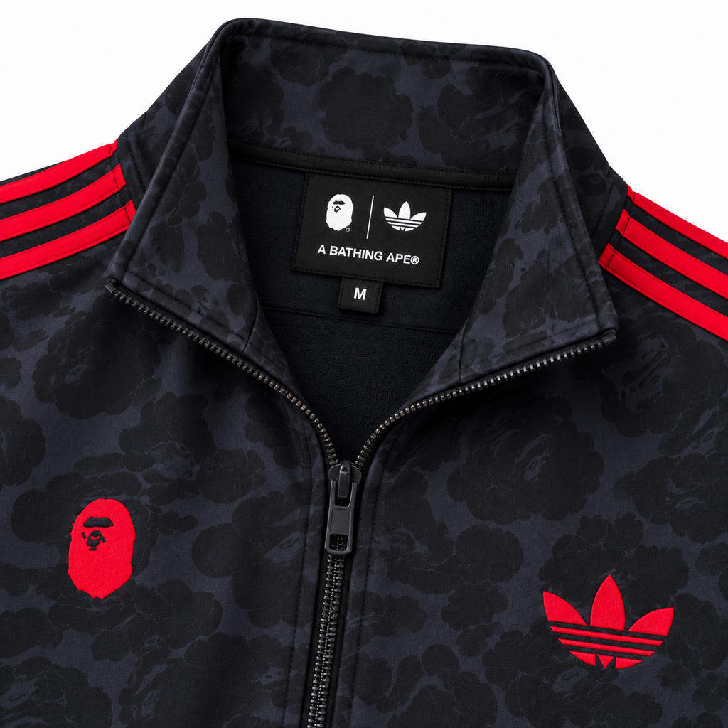 BAPE Avrupa Kalıp Kamuflaj Desenli Siyah-Kırmızı Double Face Eşofman Takımı